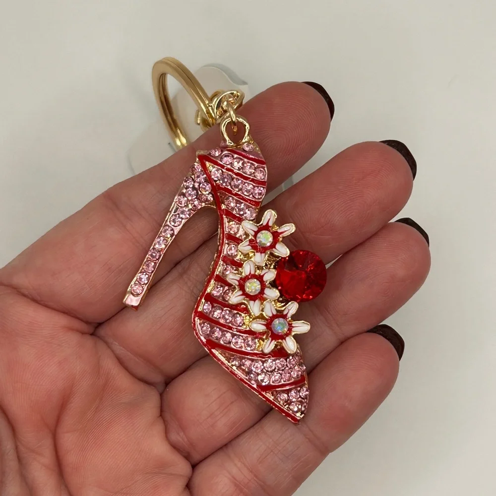 Bling Pink & Gold High Heel Keychain/Bag Charm with Floral Accents